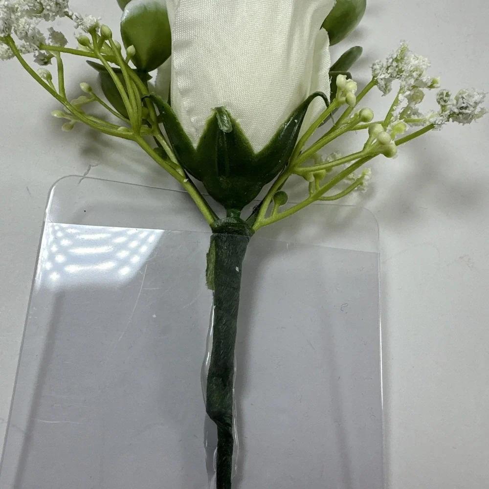 Corsage and Boutonniere Set Cream Ivory Roses Baby's Breath Greenery‎ Handmade